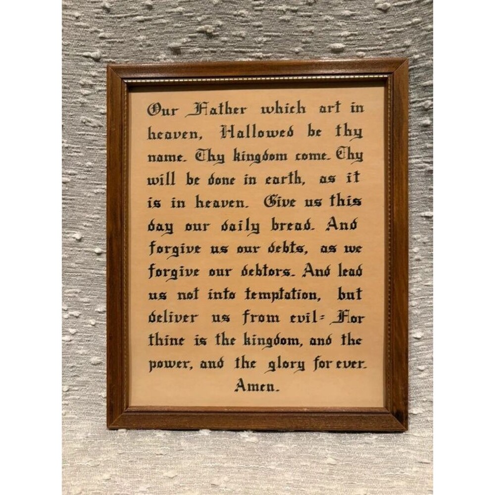Vintage Lords Prayer Framed Wall Art Our Father Scripture Print Calligraphy